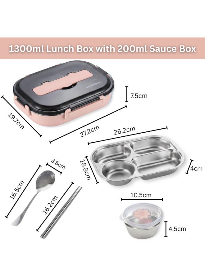 MIZAJIC Stainless Steel Bento Lunch Box for Kids and Adults Leakproof 4 Compartment Food Container 1300ml Ideal Portion Size with Sauce Box, Spoon and Chopsticks, Dishwasher Safe (Pink with Sauce Box) - Image 3